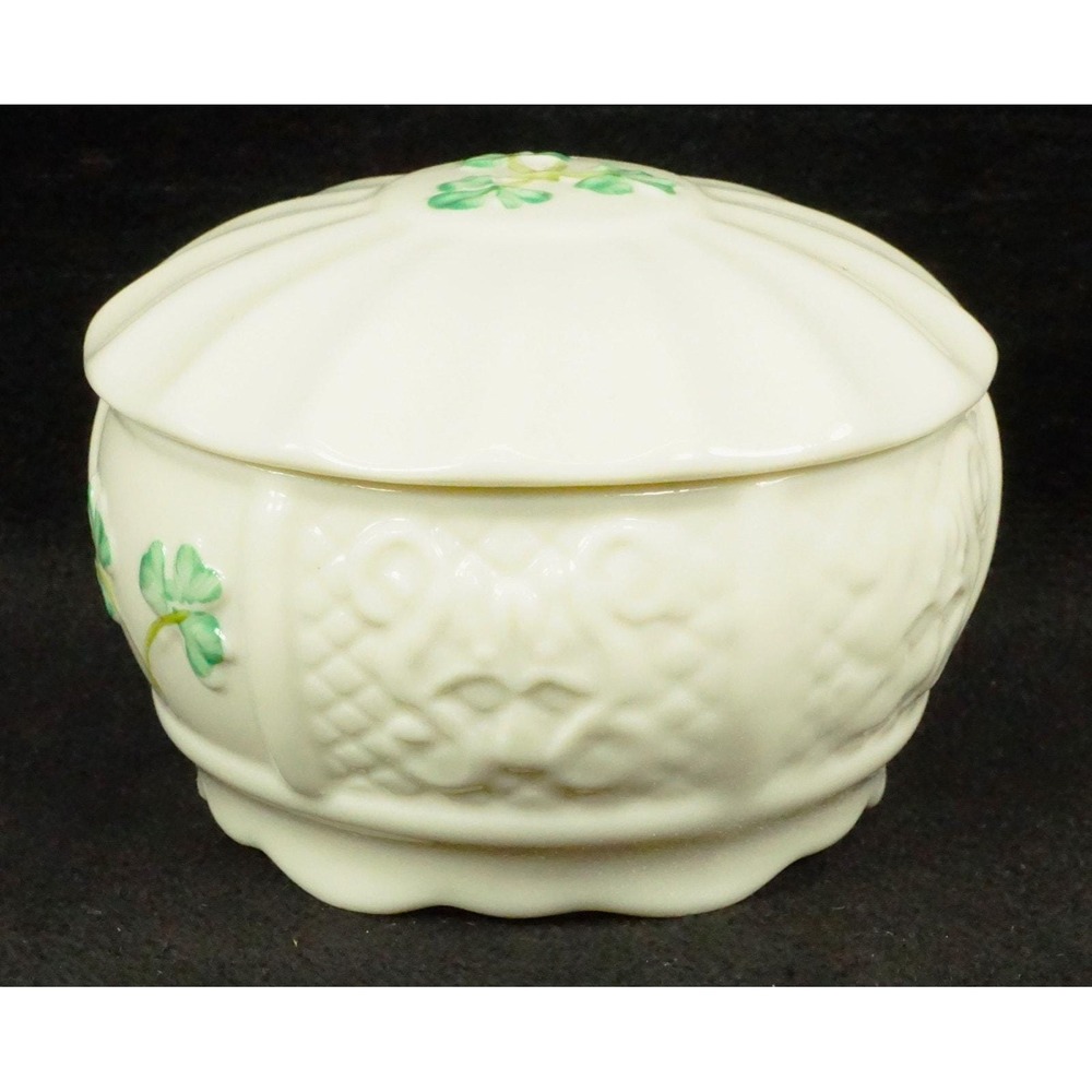 Irish Belleek Pottery Nadine Trinket Box with Lid 9th Blue Mark Signed Vtg 1990s